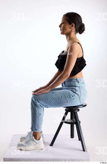 Whole Body Woman Casual Jeans Slim Sitting Top Studio photo references