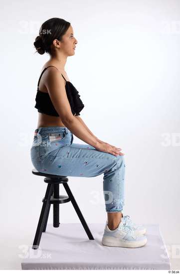 Whole Body Woman Casual Jeans Slim Sitting Top Studio photo references