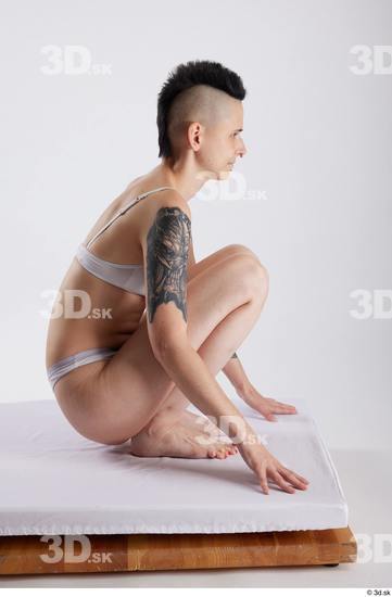 Whole Body Woman White Underwear Slim Kneeling Studio photo references