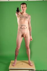 Whole Body Man Pose with pistol White Tattoo Nude Underweight Male Studio Poses