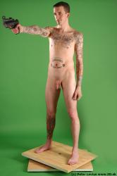 Whole Body Man Pose with pistol White Tattoo Nude Underweight Male Studio Poses