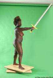 Whole Body Woman Pose with sword Black Nude Slim Chubby Walking Studio photo references