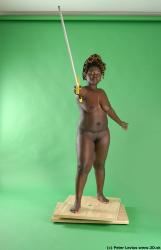 Whole Body Woman Pose with sword Black Nude Slim Chubby Walking Studio photo references