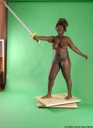 Whole Body Woman Pose with sword Black Nude Slim Chubby Walking Studio photo references