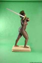 Whole Body Woman Pose with pistol Pose with sword Black Nude Slim Chubby Walking Studio photo references