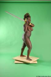 Whole Body Woman Pose with sword Black Nude Slim Chubby Walking Studio photo references